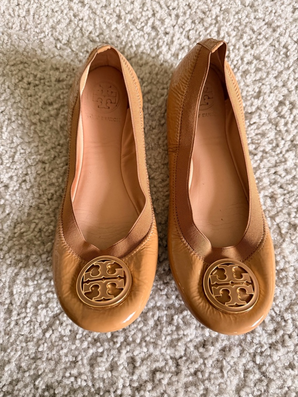 Tory Burch Caramel Patent Leather Logo Ballet Flats